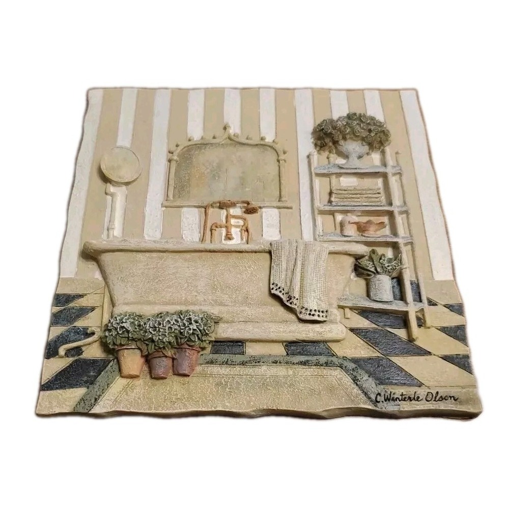 C. Winterle Olson Signed 3D Wall Art Tile Bathtub Floral Plants 5.25inx5.5in